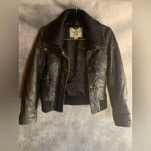 Y2K Vintage Guess Black Leather Jacket with Removable Ribbed Collar